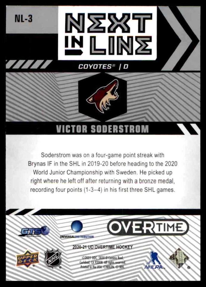 2020-21 Upper Deck Overtime Next In Line Victor Soderstrom #NL3 - Image 2 of 2