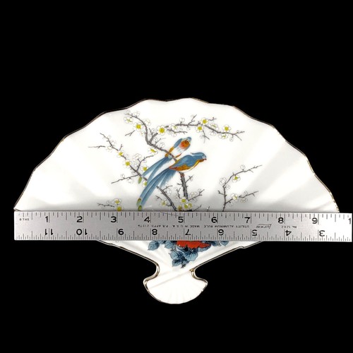 VTG Jay Japan Fine China Fan Shaped Tray Trinket Dish Birds Flowers Gilded 9.5in - Picture 7 of 12