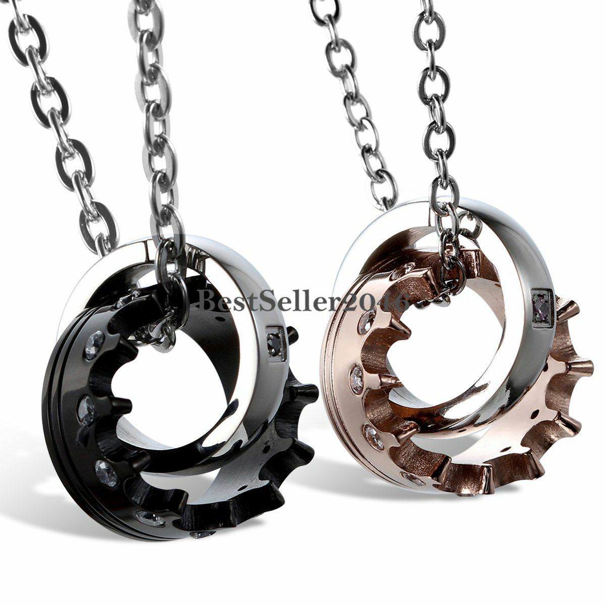Ciondolo Collana Re E Regina In Acciaio Inox Con Anelli CZ - Set Coppia