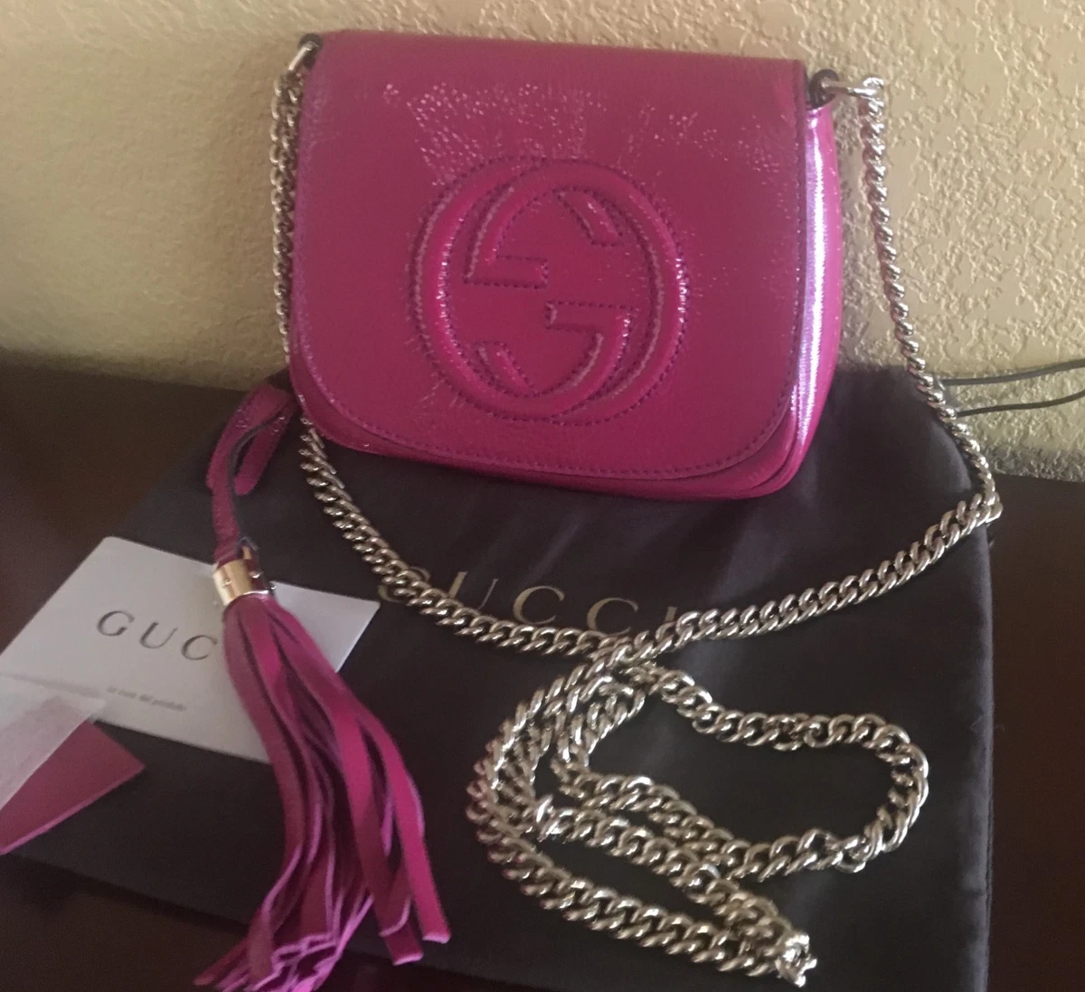 New Gucci Soho Disco Patent Leather Flap Shoulder Chain Crossbody