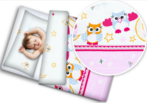 ENSEMBLE DE LITERIE BÉBÉ HIBOU ROSE LUNE 120x90 TAIE D'OREILLER HOUSSE DE COUETTE 2 PIÈCES POUR LIT BÉBÉ  - Photo 1/1