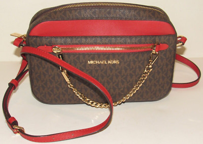 EAST WEST MEDIA BAGSをクリックします Michael Kors Logo East West Zip Chain Crossbody Red Brown