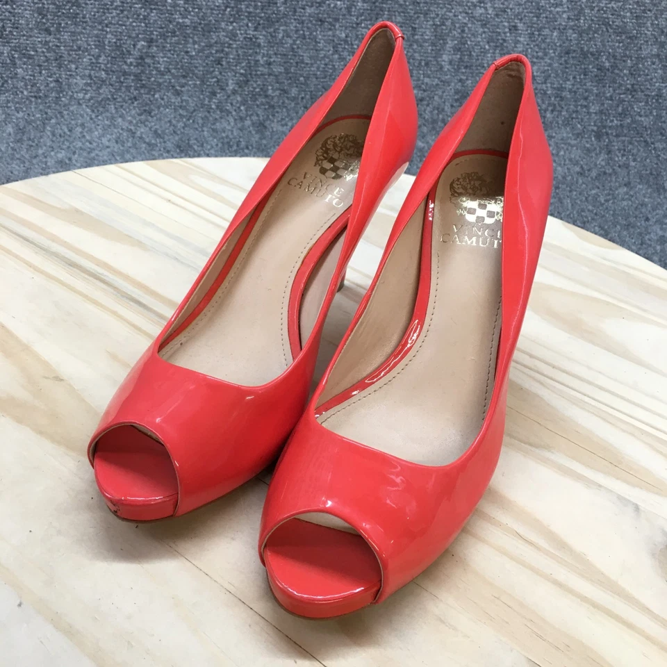 Vince Camuto Heels Womens 8 M Kiley Pump Orange Patent Leather Peep Toe Stiletto - Image 3 of 4