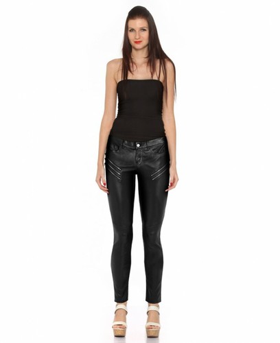 WOMEN SKINNY BLACK COW LEATHER PANT WITH ZIP DETAILING NEW STYLE TROUSERS - Picture 2 of 5