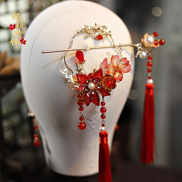 Red Chinese Hairpin Hair Ring Bride Wedding Hanfu Cheongsam Accessories Set - Image 2 of 4