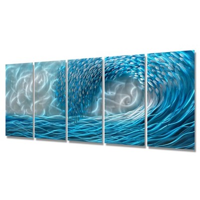 Blue Waves Metal Wall Art 3D Beach Ocean Hanging Scuplture Hand Polished Alum...