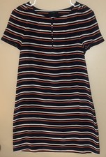 J. CREW Striped Short Sleeve Shift Silk DRESS Navy Orange White Sz 0 Nautical