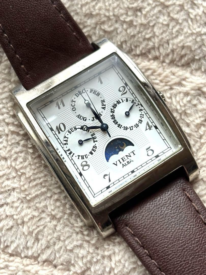 セイコー VIENT ALBA カレンダー付き腕時計 Seiko Alba VIENT V33F Watch Triple Calendar Moonphase Square