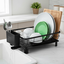Dish Drainer Rack Bowl Plate Holder Kitchen Sink Drying Rack 360°Drip Tray Black