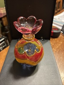 Murano Art Glass Perfume Bottle Hand- Painted  Flower Stopper Italy Vtg
