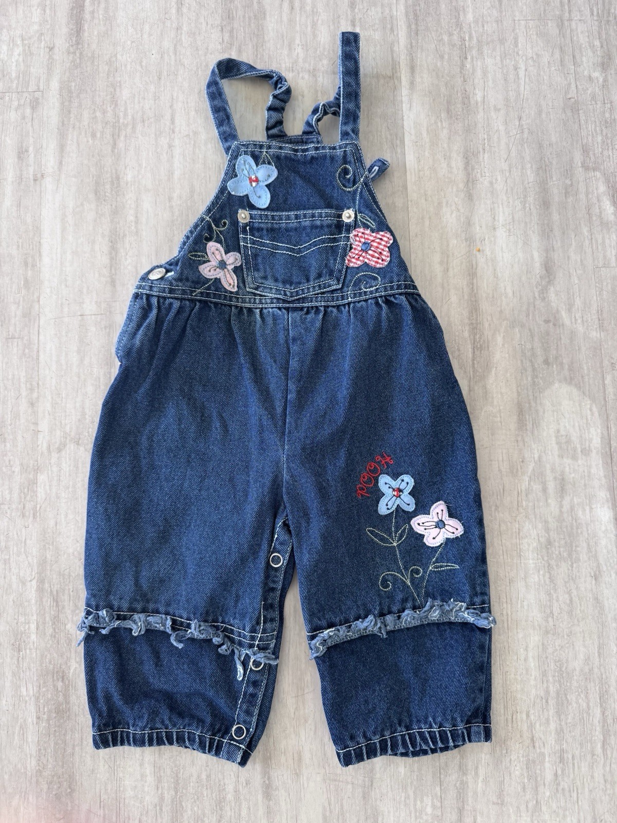 Vtg Pooh 100 Acre Collection 2000 Jean Overalls Flowers  Girls 6/9 Mnths EUC