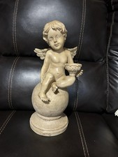 Beige Resin Angel Cherub Statue Outdoor Decor, 12in Tall for Porch, Lawn, Garden