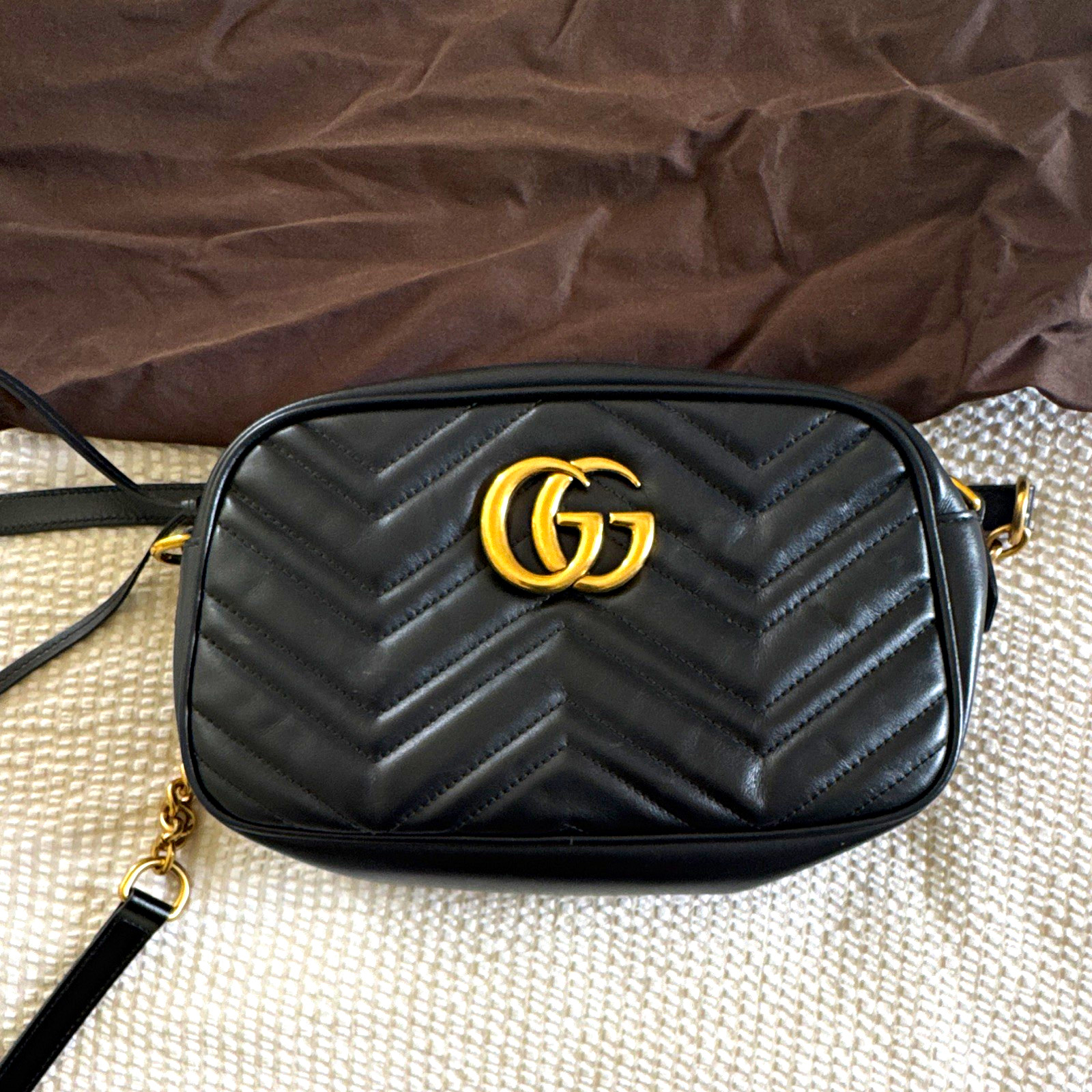 Gucci GG Marmont Black Quilted Chevron Leather Crossbody Bag Gold Hardware