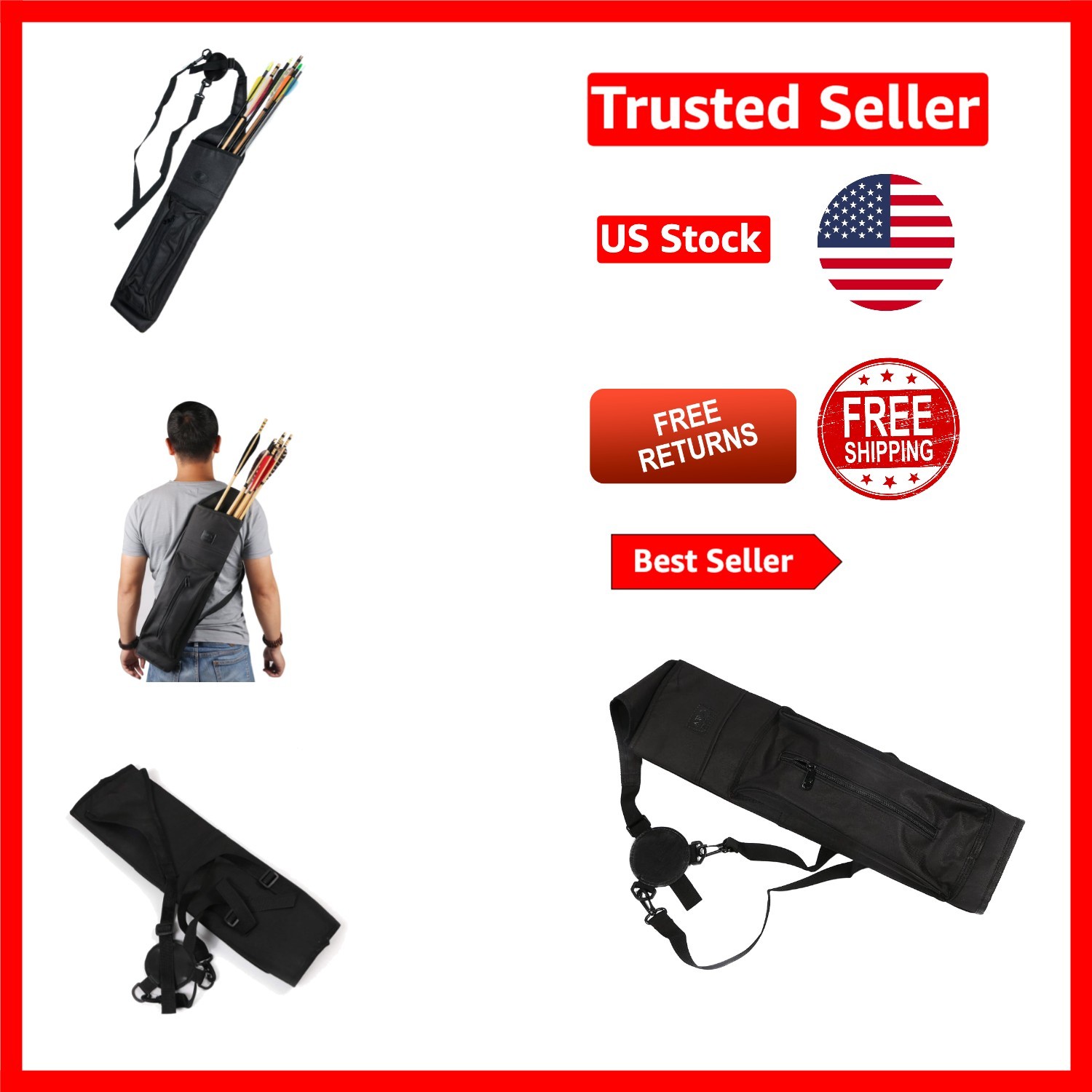 Lightweight Black Canvas Arrow Quiver with Adjustable Straps - 21.6" for Archery