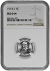 1943 S 1c Lincoln Steel Wheat Cent NGC Graded MS 64 Star Semi Proof Like