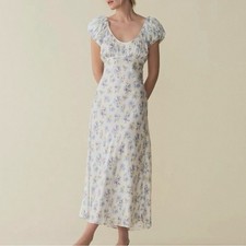 DOEN Florencia Blue Frolicking Floral Print Silk Blend Midi Dress Size M