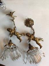 pair of French VINTAGE PENDANT CHERUB with CRYSTALS CEILING FIXTURE CHANDELIERS
