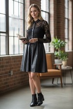 Boston Proper Black Lace Faux Leather Dress Size 14 Long Sleeve A-Line