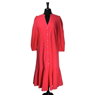 Pomander Place Womens M Coral Pink Swiss Dot Midi Dress Puff Sleeve Cottagecore