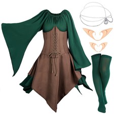 5 Pcs Medieval Fairy Costume Set Women Renaissance Dress Elf Girl Cosplay Ear...