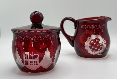 Egermann Ruby Crystal Creamer & sugar bowl, cut-to-clear - Czechoslovakia
