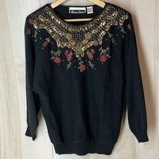 Dana Scott Vintage Women's Sweater Holiday Christmas Black Sequin Embroidery