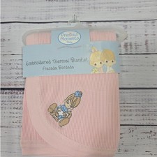 VTG Precious Moments Baby Blanket Thermal Waffle Weave Embroidered pink NEW