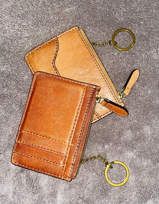 Frye Logan Dark Cognac Brown Leather Zip Card Case Wallet with Hidden Key Ring