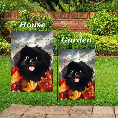 Pekingese Black Fall Leaves Flag