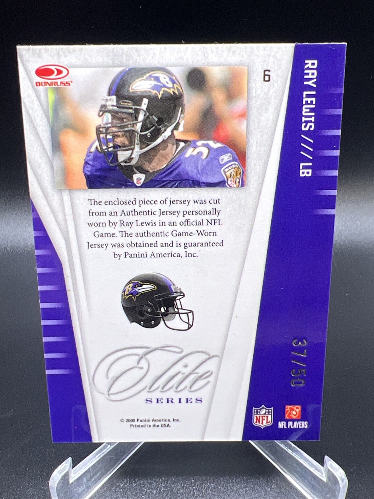 2009 Donruss Elite Elite Series Ray Lewis #6 Game Worn Jersey 37/50 Ravens view 2