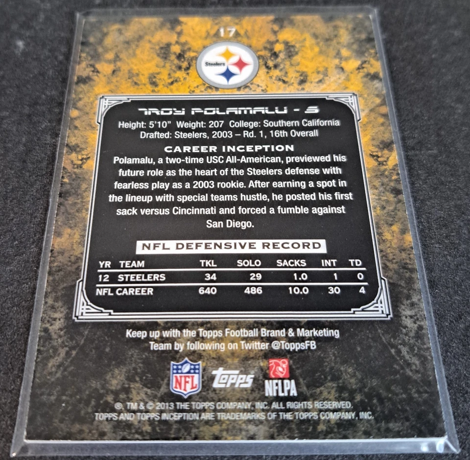 2013 Topps Inception TROY POLAMALU #01/95 First One EBAY 1/1 Bookend SP Steelers - Image 3 of 3