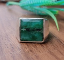 925 Sterling Silver Emerald Corundum Men's Signet Ring-14mm Square Gemstone Ring