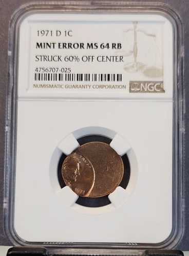 1971 D LINCOLN CENT 1C NGC MS 64 RB MINT ERROR STRUCK 60% OFF CENTER BEAUTIFUL
