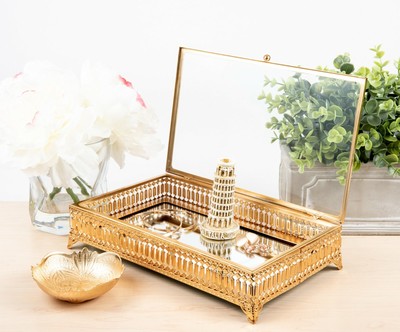 Decorative Mirrored Gold Vanity Tray Storage Makeup Organizer Jewelry Box W Lid Decorative Mirrored Gold Vanity Tray, Mirrored Gold Decorative Tray