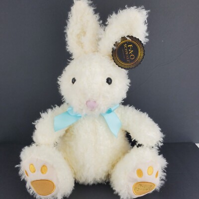 FAO Schwarz White Plush Bunny Rabbit Blue Ribbon Sits 14