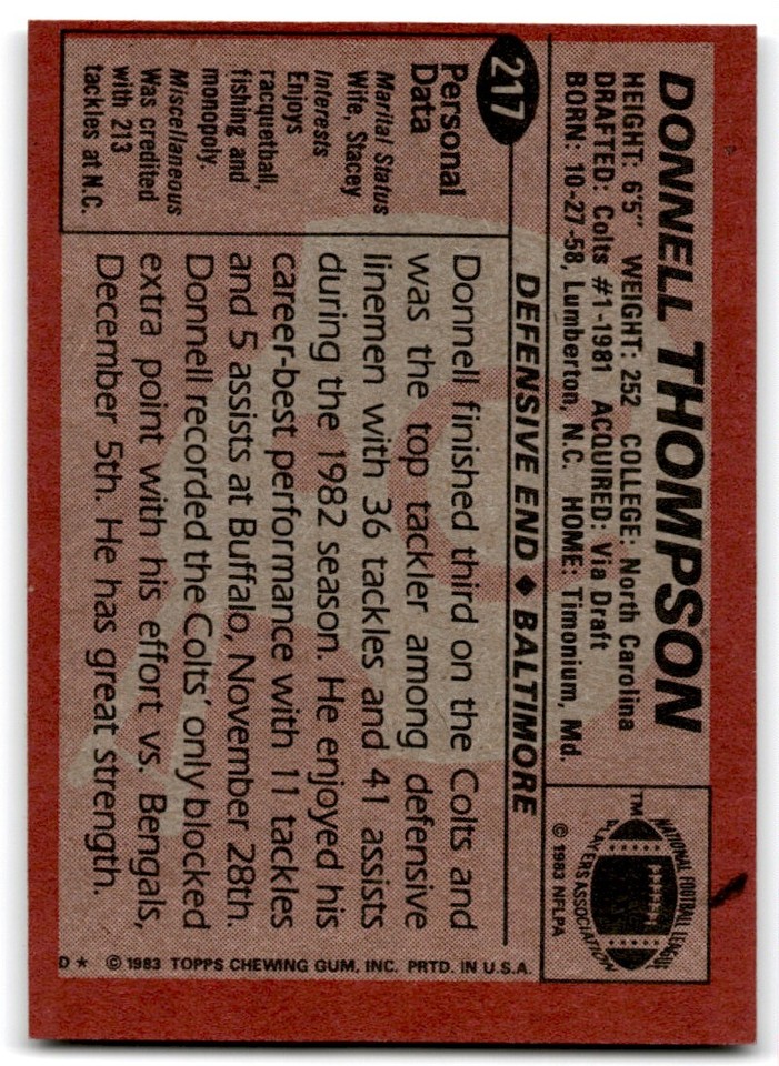 1983 Topps Donnell Thompson Rookie a Football Card #217 | eBay