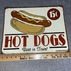 SH1 Vintage Replica Tin Metal Sign Hot Dogs Best in Town 15 cents cart mustard
