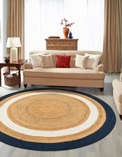 Rug 100% Natural Jute Carpet Round Reversible Modern Decor Living Room Area Rug