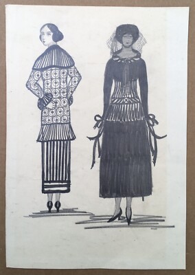 Original Art Deco Drawing Elegant Women Fashion Dress Geometric Patterns |  eBay