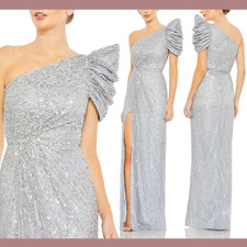 NWT 538 Mac Duggal  0  Embellished Puff One Shoulder Gown In Silver G1967