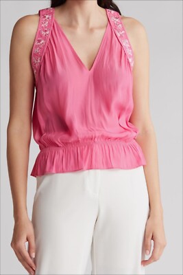Ramy Brook Tank Top Medium Rose Embroidered Floral Peplum V-Neck Preppy Romantic