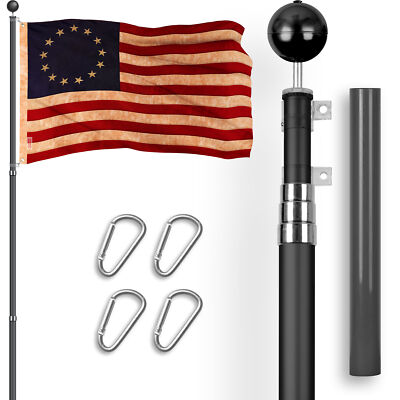 16 Ft Telescoping Flagpole Black & Betsy Ross Tea-Stained Flag 3x5 Ft Emb 420D