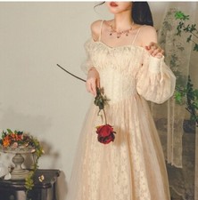 French Vintage Fairy Dress Women Lace Casual Embroidery Evening Party Dresses...