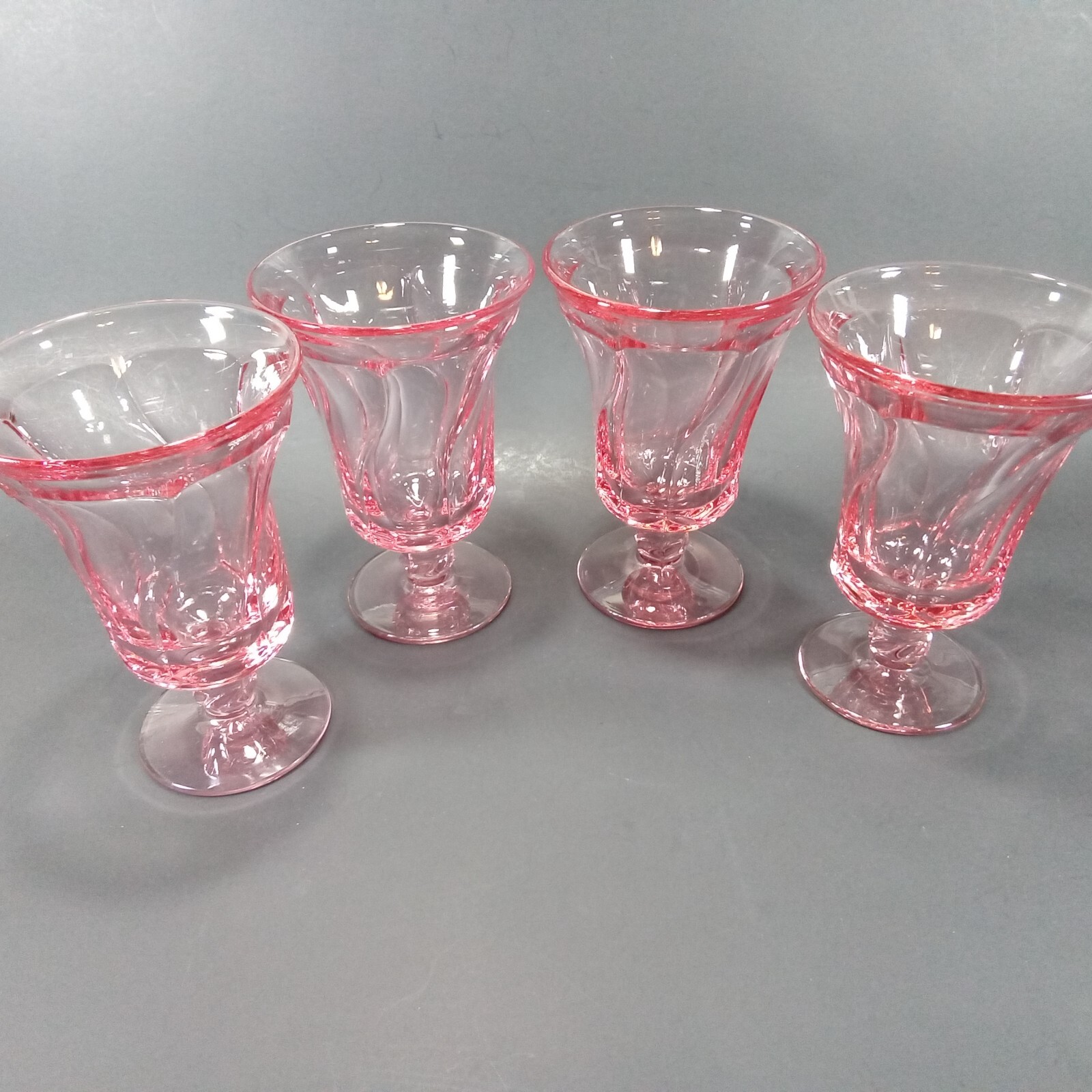4 Vintage Fostoria Jamestown Pink Iced Tea Footed Swirl Glasses 6 1/8