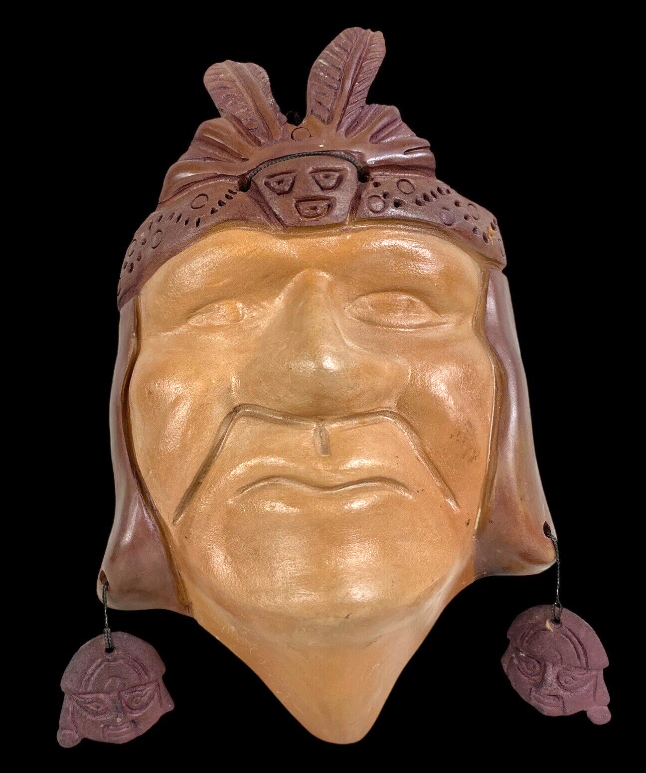 Signed Vintage Aztec Mayan Mexican Pottery Mask Wall Art-image