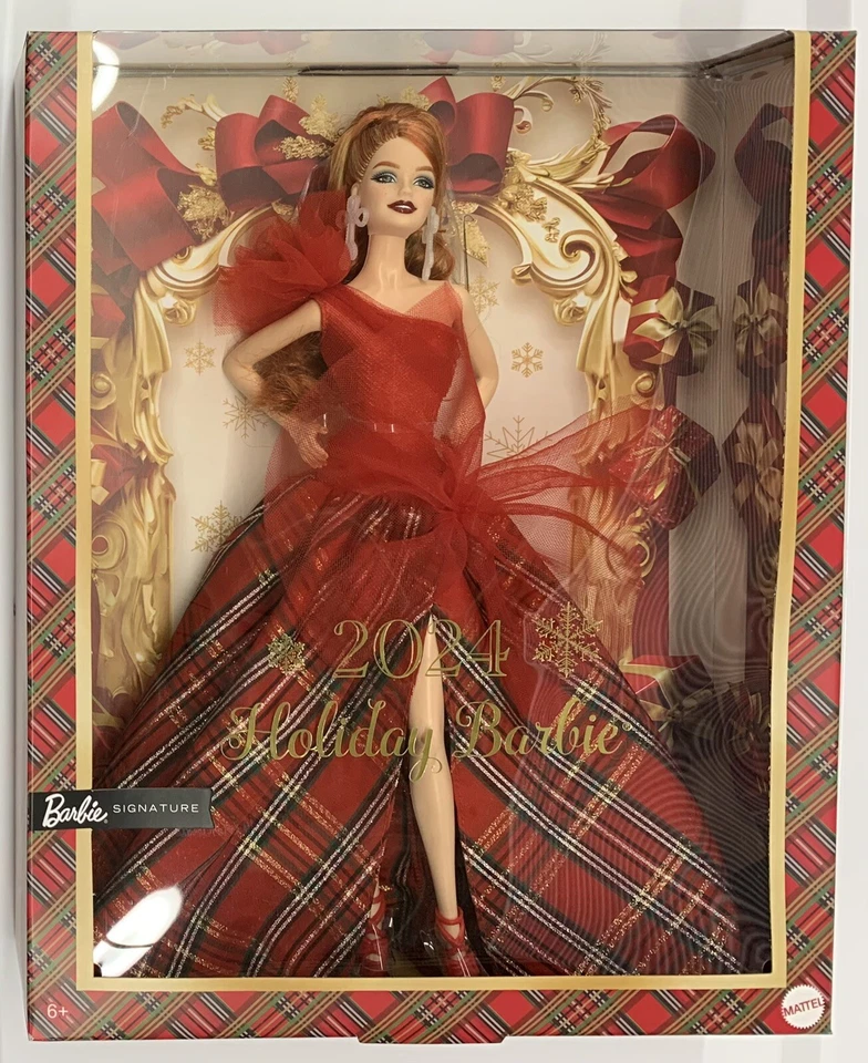 Barbie Signature 2024 Holiday Collector Doll Red Plaid Gown Rd/Brown Hair 11”