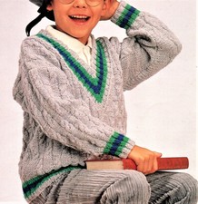 Boys Cable V Cricket Style Sweater DK Laminated Knitting Pattern 22-32 in Chest