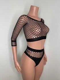 Exotic Dancer- Stripper Wear-Rave Wear-Lingerie Sexy Black Rhinestones Two Piece