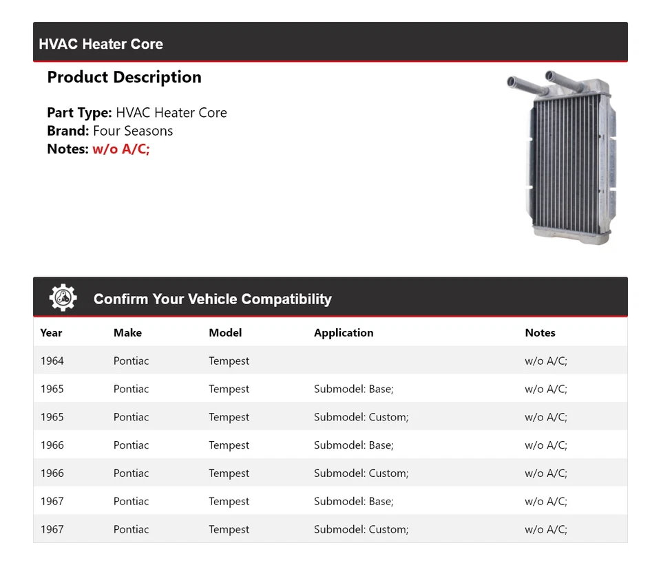 Para Pontiac Tempest 1964-1967 HVAC núcleo calentador 4 estaciones 1965 1966 Foto 2 de 3