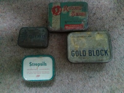 4 vintage very collectable tins 1950/60/70s gold block,stresils,royal seal,altoi